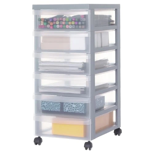 Iris Ohyama, Toren, Dressoir, Plastic opberger met ergonomisch handvat, 6x 7L, eenheid, wielen, BPA-vrij, Kantoor, Slaapkamer, Woonkamer, DC-360, grijs