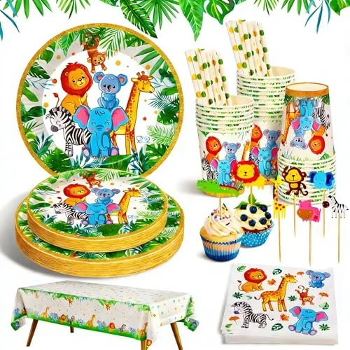 Offerta a tempo: Ophy 134 Pezzi Stoviglie per Feste di Compleanno, Stoviglie per Feste Animali Giungla 25 Ospiti Decorazione Compleanno Della Giungla Stoviglie Include Cannucce, Piatti, Bicchieri, Velina, Tovaglie - 35% da 15.99 € a 10.43 €