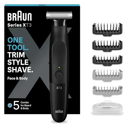 Braun Series X beard trimmer/ body groomer/electric razor men/ professional hair clippers, 5 attachments for face and body, 45 min wireless run time, XT3200