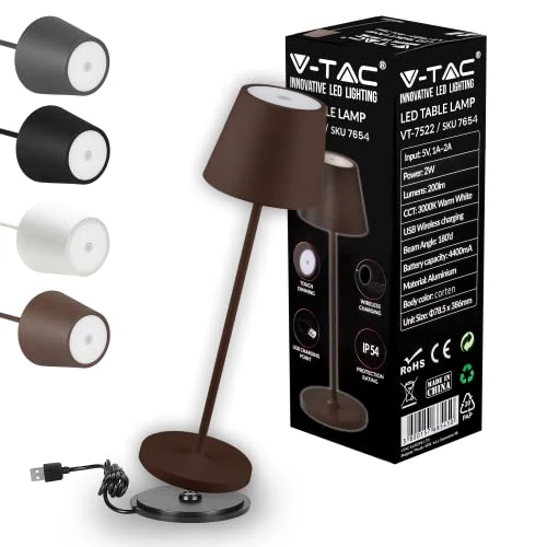 V-TAC Dimmable LED Table Lamp Wireless with Touch Control - Rechargeable Brown Lamp for Indoor and Outdoor Use - Outdoor IP54 - Home Restaurant - 4400 mAh Battery - Warm White 3000 K