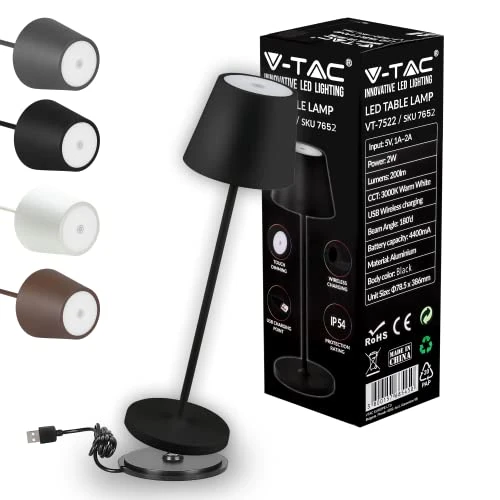 Offre limitée : V-TAC Lampe de Table sans Fil LED Dimmable avec Commandes Tactiles - Élégante Lampe Noire pour Intérieur et Extérieur IP54 pour Maison, Restaurant, Bureau - 4400 mAh - Lumière Blanc Chaud 3000K de 52.99 € à 52.99 € (0.00% de remise)