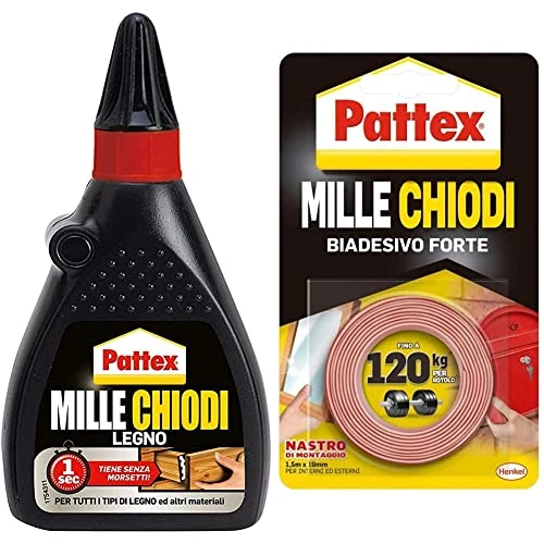 Offerta a tempo: Pattex Millechiodi Legno, Per Incollaggi Legno su Legno, Forte Presa Iniziale, Tiene senza Morsetti, Per Riparare e Montare Cassettiere, 100g & Millechiodi Tape, nastro biadesivo extra forte - 35% da 16.89 € a 10.93 €