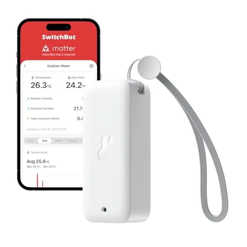 Offerta a tempo: SwitchBot IP65 Igrometro Termometro da Esterno, 100m Portata Bluetooth, Termoigrometro da Interno, Sensore di Rugiada/VPD/Umidità Assoluta, Esportazione Gratuita di Dati, 2 Anni Durata Della Batteria - 0.00% da 16.99 € a 16.99 €