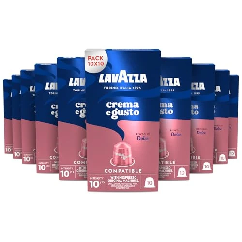 Lavazza Crema e Gusto Dolce, 100 Capsule di Caffè in Alluminio Compatibili con Macchine Nespresso Original, Note Aromatiche di Frutta Secca, Arabica e Robusta, Intensità 10, Tostatura Media, 10 Pack