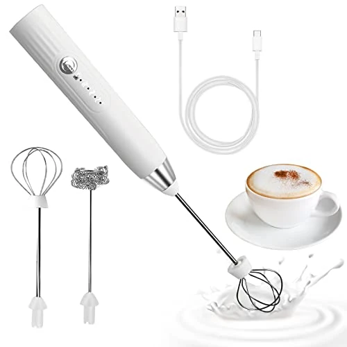 milchaufschäumer elektrisch stab, USB wiederaufladbar ​milchschäumer elektrisch, elektrischer schneebesen 3 einstellbare geschwindigkeiten edelstahl für kaffee cappuccino latte (Silberweiß)