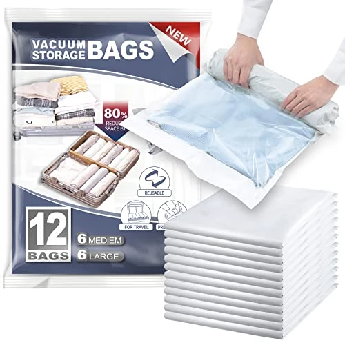 Offerta a tempo: TAILI Sacchetti Sottovuoto Vestiti Viaggio 12 Pezzi 2 Taglie 70 x 45 CM, 60 x 40 CM Rotolo Di Mano Sacchetti Sottovuoto per Viaggio, Valigia, Zaino, Senza Pompa Necessaria Sacchetti Vestiti Viaggio - 25% da 18.99 € a 14.24 €