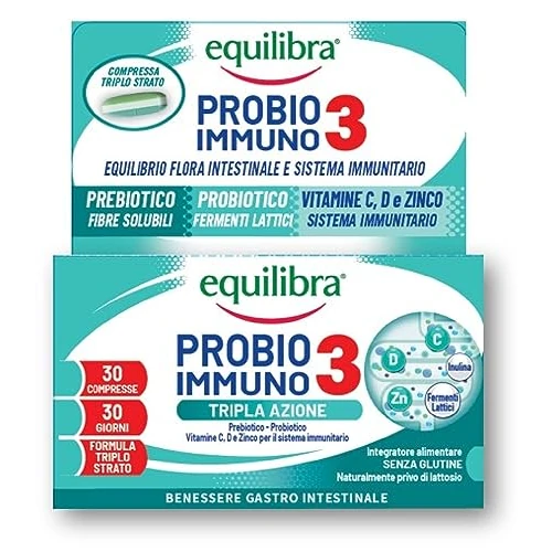 Equilibra Integratori Alimentari, Probio 3 Immuno, Fermenti Lattici Probiotici e Prebiotici per Flora Intestinale con Vitamine C, D e Zinco, 30 Compresse Triplo Strato Rilascio Graduale con Pre-Taglio