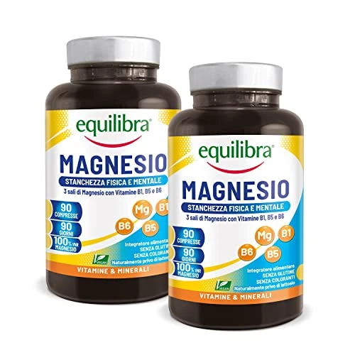 Offerta a tempo: Equilibra Integratori Alimentari, Magnesio, Integratore per la Stanchezza Fisica, Mentale e Funzione Muscolare, con 3 Sali di Magnesio, Vitamine Gruppo B, Vegan, Gluten Free, 2 Pezzi da 90 Compresse - 33% da 33.99 € a 22.77 €