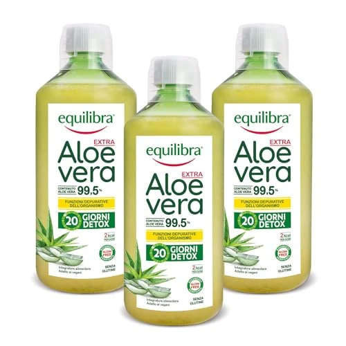 Equilibra Integratori Alimentari, Aloe Vera Extra 99,5%, Integratore Aloe Vera da Bere Puro o Diluito, Aloin Free, Detox, Pura Polpa, Senza Aggiunta di Acqua, Prodotto Vegano, 3 Pezzi da 1 Litro