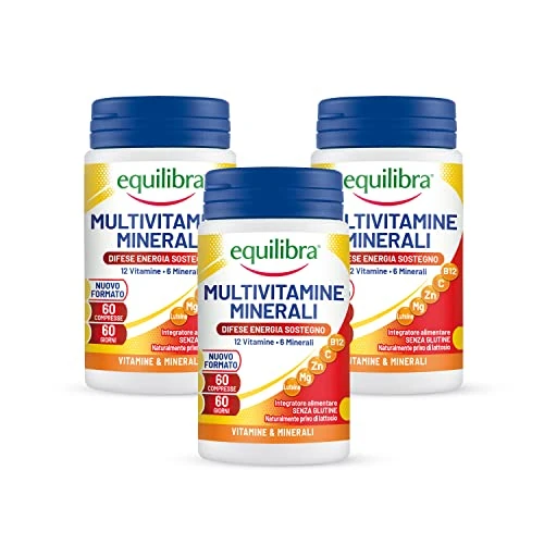 Offerta a tempo: Equilibra Integratori Alimentari, Multivitamine, 12 Vitamine e 6 Minerali con Luteina, Indicato per Diete Povere di Minerali e Vitamine o Aumentato Fabbisogno, 3 Pezzi da 60 Compresse - 25% da 25.99 € a 19.49 €
