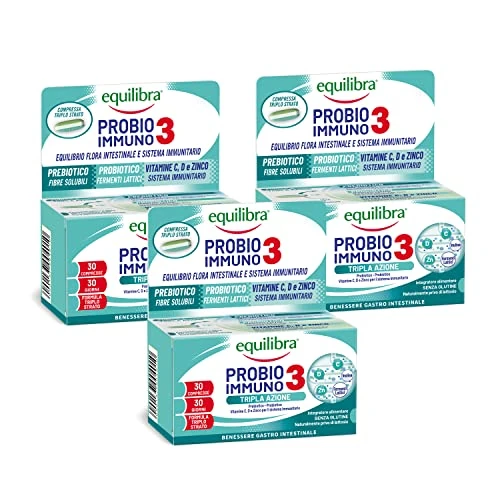 Offerta a tempo: Equilibra Integratori Alimentari, Probio 3 Immuno, Fermenti Lattici Probiotici e Prebiotici per Flora Intestinale con Vitamine C, D e Zinco, 3 Pezzi da 30 Compresse Triplo Strato Rilascio Graduale - 34% da 29.70 € a 19.50 €