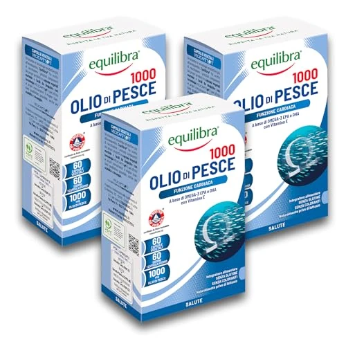 Offerta a tempo: Equilibra Integratori Alimentari, Olio di Pesce 1000, Integratore con Acidi Grassi Polinsaturi della Serie Omega-3 EPA e DHA, con Vitamina E, Normale Funzione Cardiaca, 3 Pezzi da 60 Capsule Vegetali - 25% da 39.99 € a 29.99 €