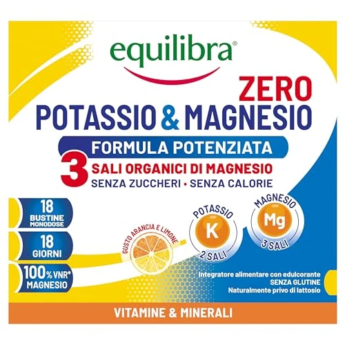 Offerta a tempo: Equilibra Integratori Alimentari, Potassio e Magnesio Zero - 3 Formula Potenziata, Integratore Magnesio e Potassio Senza Zucchero e Calorie, Reintegro Sali Minerali, Gusto Arancia Limone, 18 Bustine - 50% da 12.99 € a 6.50 €