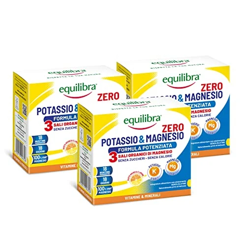 Offerta a tempo: Equilibra Integratori Alimentari, Potassio e Magnesio Zero - 3 Formula Potenziata, Integratore Magnesio e Potassio Senza Zucchero, Reintegro Sali Minerali, Gusto Arancia Limone, 3 Pezzi da 18 Bustine - 41% da 36.99 € a 21.88 €