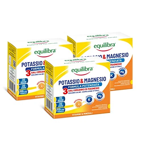 Offerta a tempo: Equilibra Integratori Alimentari - Potassio e Magnesio - 60 Bustine (3 Pezzi da 20 Bustine) — 52% da 36,99 € a 17,94 €