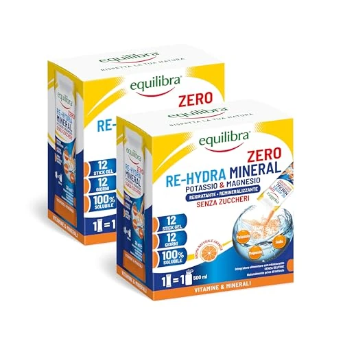 Offerta a tempo: Equilibra Integratori Alimentari, Potassio e Magnesio ReHydra Mineral, Con Magnesio, Potassio e Sodio per la Reidratazione, Gusto Arancia, Senza Glutine e Lattosio, Senza Zucchero, 2 Pezzi da 12 Stick - 29% da 24.99 € a 17.80 €