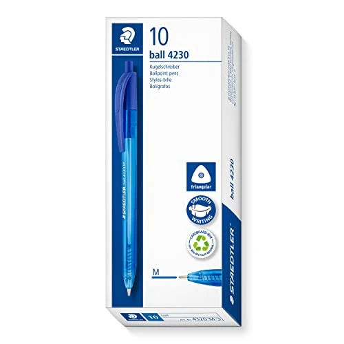 STAEDTLER Bolígrafo retráctil triangular, color de escritura azul, ancho de línea M aproximadamente 1,00 mm, para una escritura relajada, 10 bolígrafos azules en estuche de cartón, 4230 M-3