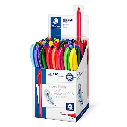 Limitiertes Angebot: STAEDTLER dreikant Kugelschreiber, 10 bunte Schreibfarben, Linienbreite M ca 1,00 mm, für entspanntes Schreiben, 50 Kugelschreiber in Regenbogenfarben im Köcher, 4320 MKP50 von 17.50 EUR auf 17.50 EUR (Spare 0%)