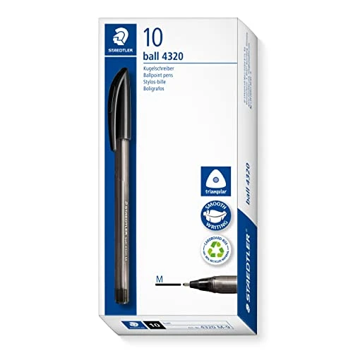 Oferta limitada: STAEDTLER Bolígrafo triangular, color de escritura negro, ancho de línea M aproximadamente 1,0 mm, para una escritura relajada, 10 bolígrafos negro en estuche de cartón, 4320 M-9 de 3.50 EUR a 3.50 EUR (ahorro 0%)