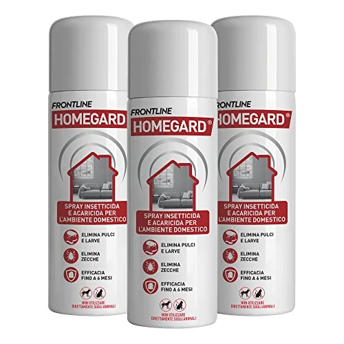 Offerta a tempo: Frontline Homegard Spray Insetticida Confezione da 3 pezzi, Antipulci per Ambienti ad Azione Rapida, Protegge Mobili e Tessili di Casa, Elimina Pulci, Zecche, Uova e Larve fino a 6 Mesi, 3 per 250 ml - 35% da 69.60 € a 45.09 €