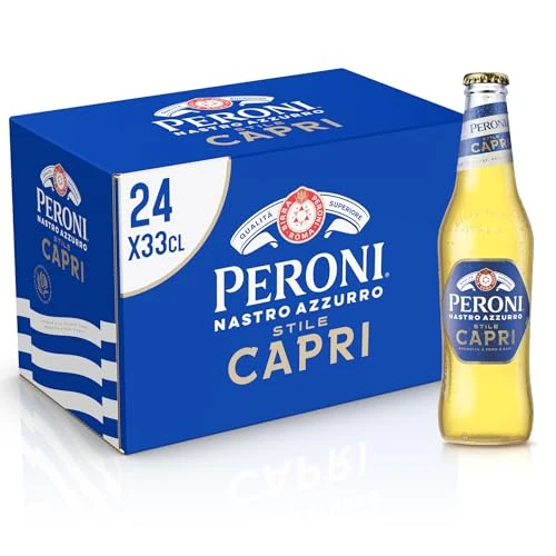 Peroni Nastro Azzurro Stile Capri Lager, Light Summer Beer, ABV 4.2%, 24 x 330ml Glass Bottles. Made in Italy