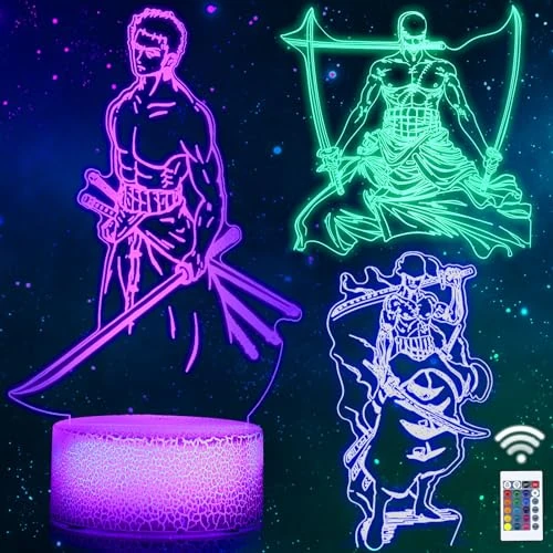 QQAAMZ Hǎi Zéi Wáng Roronoa Zoro Lampe 3d Illusion Led Tactil Maison Enfant De Decoration Chambre Veilleuse Cadeau Luffy Lampe De Table Gadgets Cadeau Noel Zoro 3 En 1