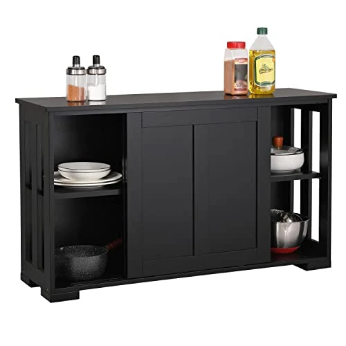 Yaheetech Armario de cocina negro de madera con 2 puertas correderas y estante ajustable, mesa de buffet moderna para microondas, mueble de salón, 106,7 x 33 x 63 cm, color negro