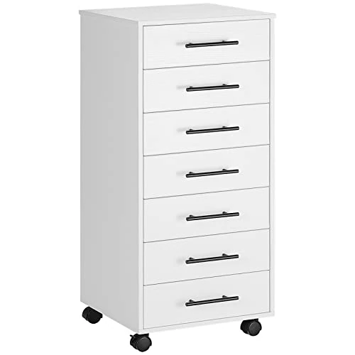 HOOBRO Armoire de classement à roulettes avec 7 tiroirs, en Bois, Commode de Rangement, Style Industriel, Facile à Monter, Blanc EWT07WJ01