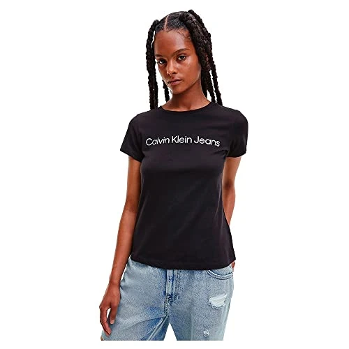 Calvin Klein Damen T-Shirt Kurzarm Core Logo Slim Fit Tee Rundhalsausschnitt, Schwarz (Ck Black), XXS