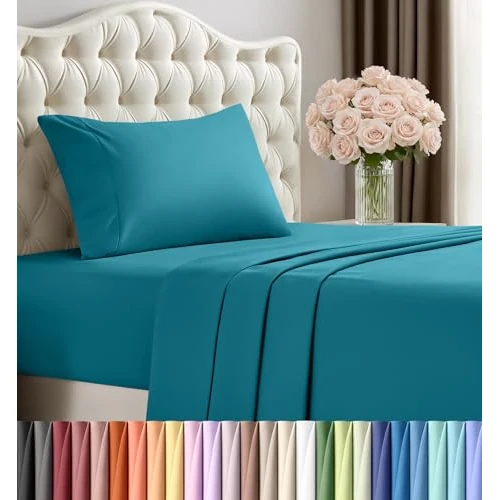 Utopia Bedding Set di lenzuola per letto singolo, in microfibra spazzolata, resistente al restringimento e allo sbiadimento, facile da pulire (matrimoniale, blu denim), 3 pezzi