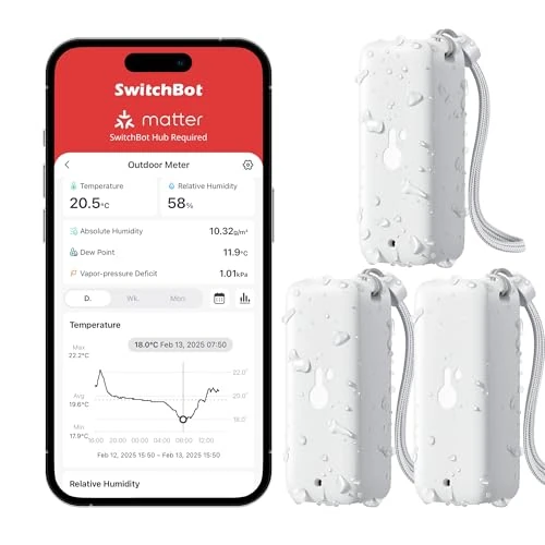 Begrenztes Angebot: SwitchBot IP65 Hygrometer Thermometer Innen Außen, Bluetooth Thermometer con Taupunkt/VPD/Absolute Feuchtigkeitssensor, Außenthermometer, Datenspeicherung für Gewächshaus Weinkeller 3er-Pack von 32.09 EUR auf 25.99 EUR (Rabatt 19%)