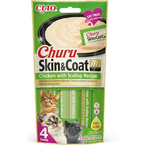 Offerta a tempo: INABA Churu Skin & Coat, Snack per Gatti con Pollo e Capesante, 4x14g - 46% da 11.44 € a 6.13 €