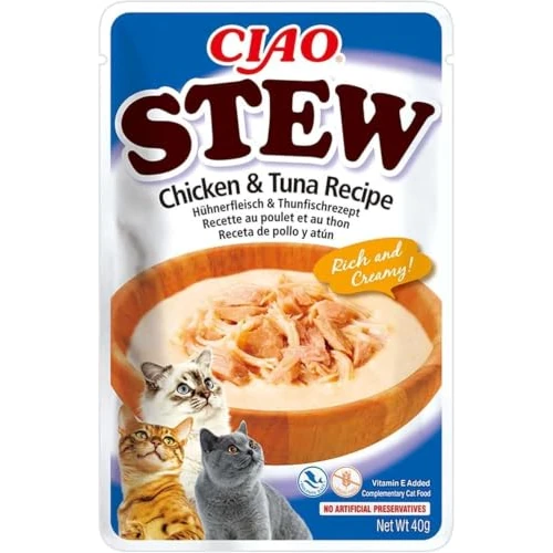 Oferta limitada: INABA Ciao Stew - Guiso Saludable para Gatos - Snacks, Receta de Pollo con Atún - Premios Ricos y Cremosos - Sin Cereales, Conservantes, Colorantes - Pocas Calorías - 40g de 1.39 € a 1.39 € (ahorro 0.00%)