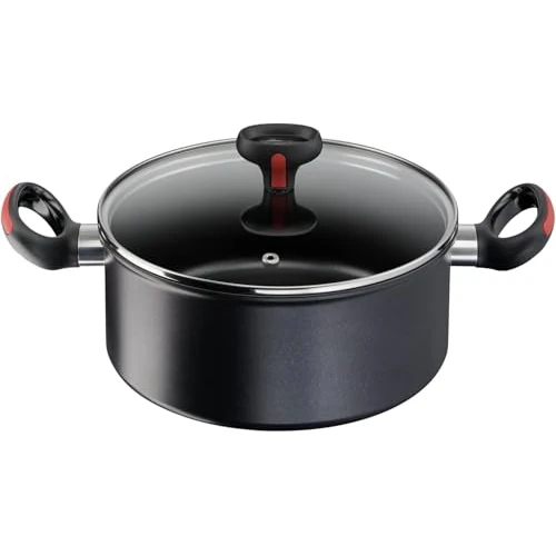 Lagostina Ligne rouge Casserole à induction multifonction deux poignées avec couvercle, aluminium, noir, Ø 24 cm, gaz et four jusqu'à 175 °C, bord à verser, poignées en silicone antidérapantes
