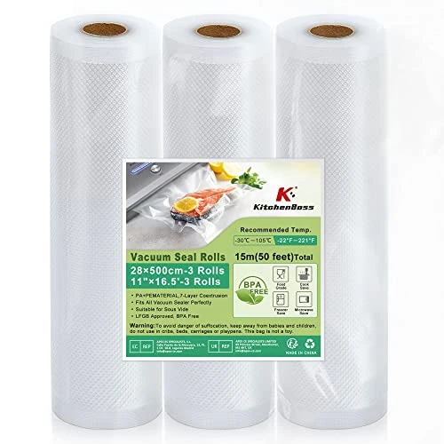 Offerta a tempo: KitchenBoss Sacchetti Sottovuoto per Alimenti：Rotolo Sottovuoto Alimenti senza BPA, Sacchetto per Cottura Sottovuoto Goffrato, Sacchetti Sottovuoto Alimenti per Macchine Sottovuoto, 3 Rotolo 28x500cm — 20% da 16,59 € a 13,29 €