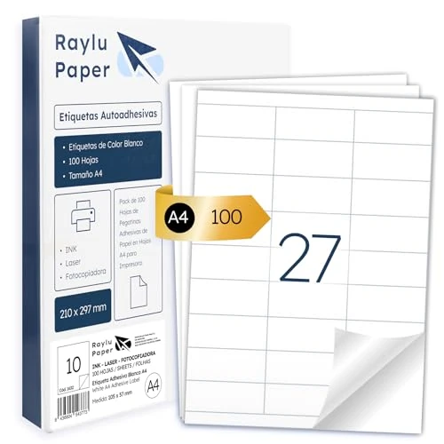Raylu Paper - Étiquettes Autocollantes Blanches à Imprimer, Étiquettes Auto-Adhésives à Personnaliser, sur Feuilles A4 pour Imprimantes et Photocopieuses, 27 Étiquettes par Feuille (70 x 32 mm)