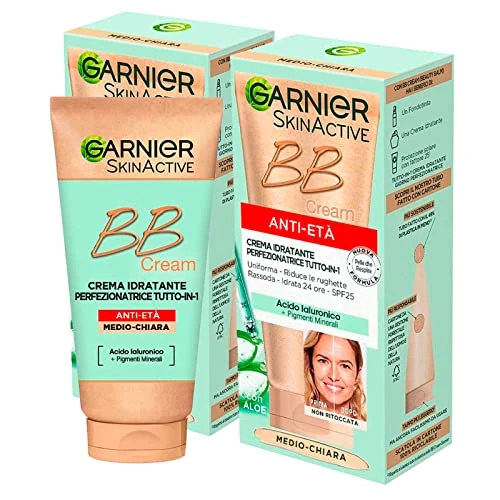 Offerta a tempo: Garnier SkinActive BB Cream Crema Viso Perfezionatrice Tutto in 1 Anti-Età SPF 25 Aloe Vera Acido Ialuronico Pigmenti Minerali Formula Idratante Opacizzante Tonalità Medio-Chiara - 2 Flaconi da 50ml - 6% da 29.07 € a 27.39 €