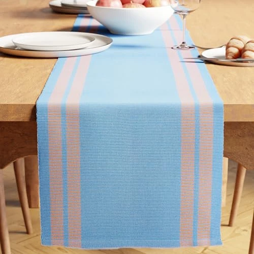 Limited-time offer: Encasa XO Dining Table Runner 32x183 cm | Yarn Dyed Fine Ribbed Cotton | Ladder Blue | Machine Washable from 20.30 GBP to 20.30 GBP (save 0%)