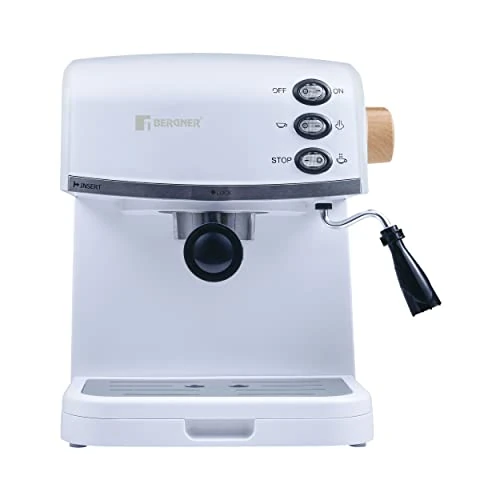 BERGNER Naturelle 850 W Electric Coffee Maker with 15 Bar Pressure, Function or Steam with Milk Froth, Removable Tray, Easy to Clean