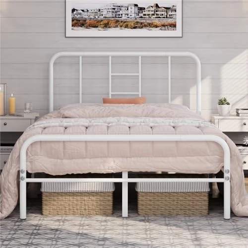 Yaheetech Cama Doble Estructura Cama Marco de Cama Hierro para Apartamento Adecuado de Colchón 140 x 200 cm Blanco