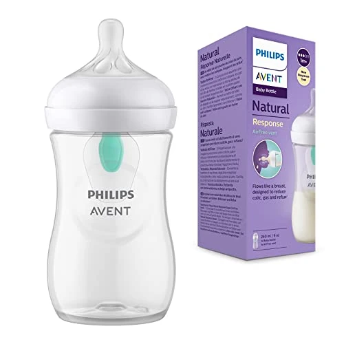 Philips Avent szklana butelka Natural z Responsywnym smoczkiem i z nakładką antykolkową AirFree 260ml, 1 szt. (model SCY673/01) Przezroczysty