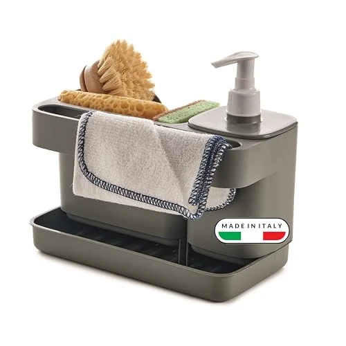 Snips Riordinello - Dispensador Jabón Baño y Cocina, Organizador Fregadero Cocina para Esponjas con Jabonera 400 ml y Soporte Estropajo Fregadero, Paños, Esponja y Bandeja 21x12x18 Made in Italy, Gris