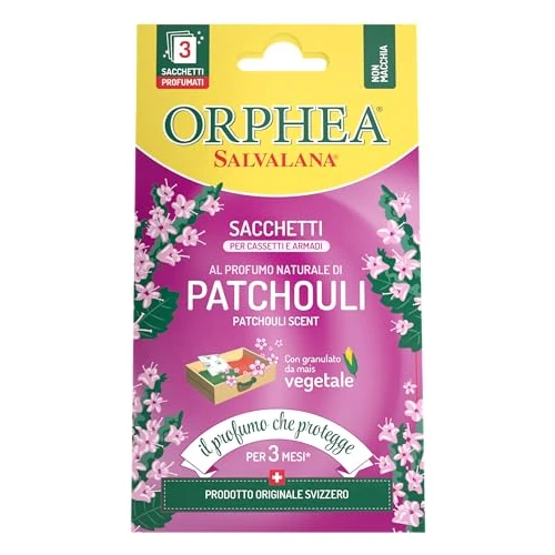Offerta a tempo: Orphea Salvalana, Sacchetti per Cassetti e Armadi al Profumo Naturale di Patchouli della Malesia, Confezione da 3 pezzi - 0.00% da 3.49 € a 3.49 €