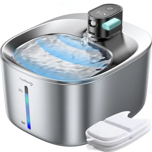 Oferta limitada: Fuente de Agua para Gatos Inalámbrico con Sensor de Movimiento de Acero Inoxidable con Pilas 4000 mAh FEELNEEDY 4L Bebedero Gatos Automática Sin Cable y Enchufe, con 2 Filtros de 75.00 EUR a 56.46 EUR (ahorro 25%)