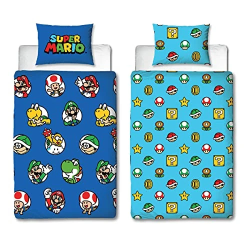 Zeitlich begrenztes Angebot: Nintendo Super Mario Offizielles Bettwäsche-Set für Einzelbett, Continue Design, blau, wendbar, 2-seitig, offizielles Merchandise-Produkt, inklusive passendem Kissenbezug von 22.28 € auf 17.96 € (19% Rabatt)