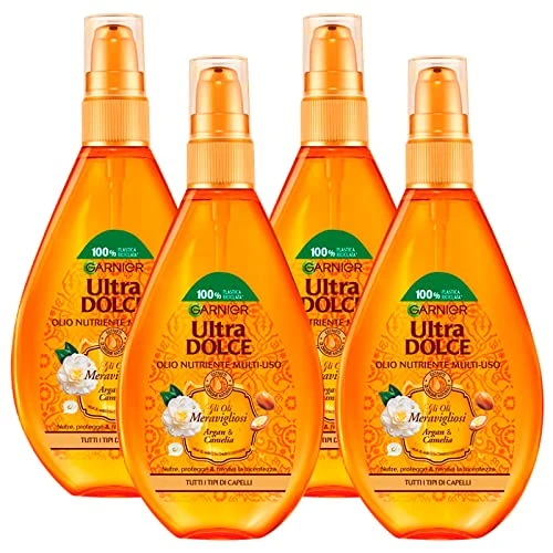 Offerta a tempo: Garnier Ultra Dolce Olio di Argan per Capelli Trattamento Protettivo e Nutriente Formula Spray con Camelia ad Azione Illuminante Multi-Uso Oli Meravigliosi con Estratti Naturali - 4 Flaconi da 150ml - 6% da 45.87 € a 43.29 €