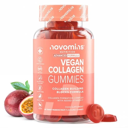Colágeno Vegano - con Ácido Hialurónico, Vitamina C y Zinc - 60 Gominolas para la Formación de Colágeno - Sin Gluten - para Piel, Cabello y Articulaciones - Sin Gluten - para 1 Mes - Novomins