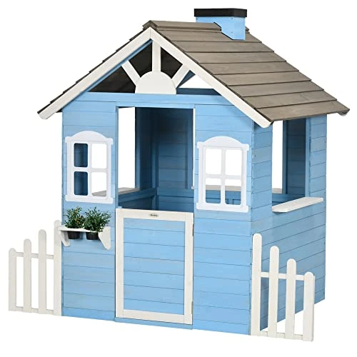 Outsunny Casa per Bimbi 3-7 Anni con Staccionata, Portavasi, Porta e Finestre, Casetta per Bambini in Legno di Abete, 151x112.5x142 cm, Blu