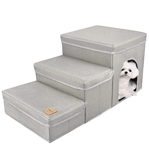 GUWINA Hundetreppe 3 Stufen, Haustiertreppe Faltbar für Sofa & Bett, Abnehmbar Tiertreppe Klappbar mit Aufbewahrungsbox, Multifunktionale Haustierleiter für Kleine Hunde Katzen (Grau)