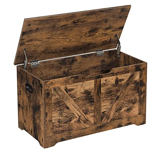 VASAGLE Puff Almacenaje, Banco Almacenaje con 2 Bisagras de Seguridad, Baúl Almacenaje, Banco Zapatero, Estilo de Campo, 40 x 80 x 46 cm, para Pasillo Dormitorio Salón, Marrón Rústico LSB062T01